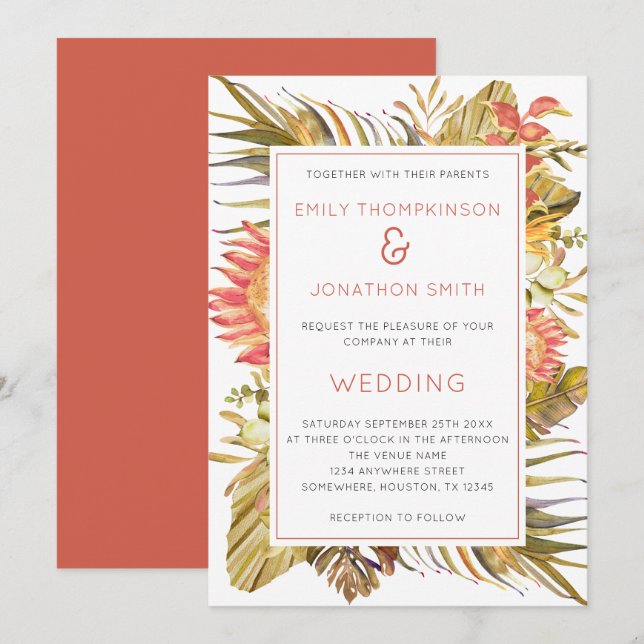 Invitación Foliage tropical Pampas Coral Florals Boda (Anverso / Reverso)