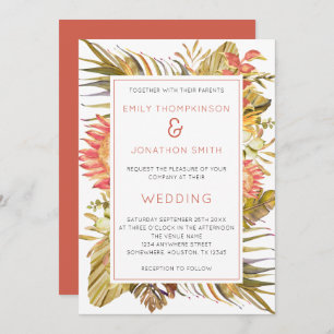 Invitación Foliage tropical Pampas Coral Florals Boda