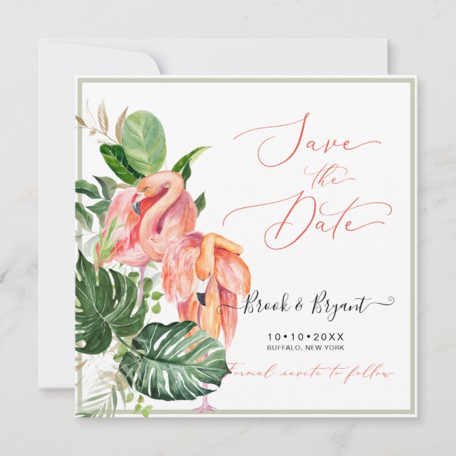 Invitación Foliage Tropical PixDezines Flamingos Rosados (Anverso)
