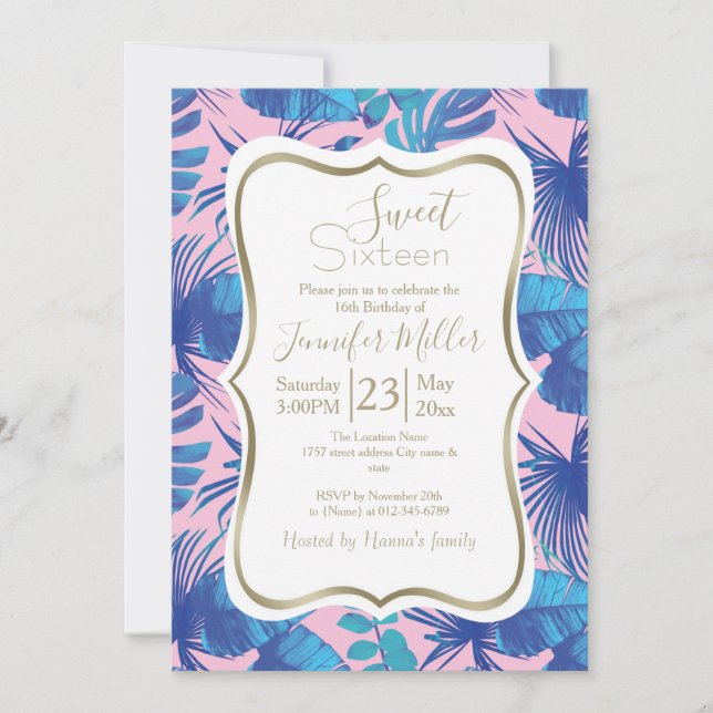 Invitación Foliage tropical rosa y azul personalizado (Anverso)