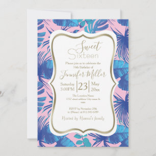Invitación Foliage tropical rosa y azul personalizado