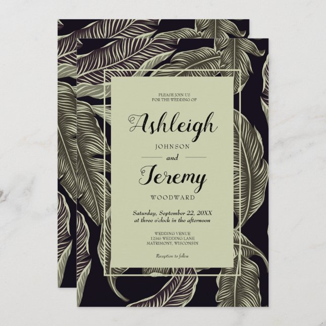 Invitación Foliage Tropical Sage Green Black Script Boda (Anverso / Reverso)