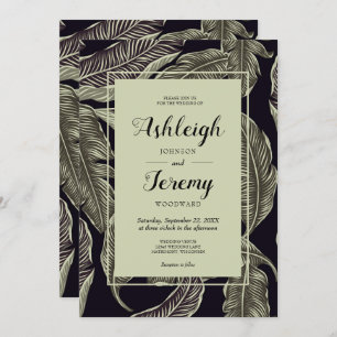 Invitación Foliage Tropical Sage Green Black Script Boda