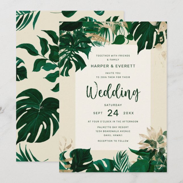 Invitación Foliage tropical temática con Boda de oro (Anverso / Reverso)
