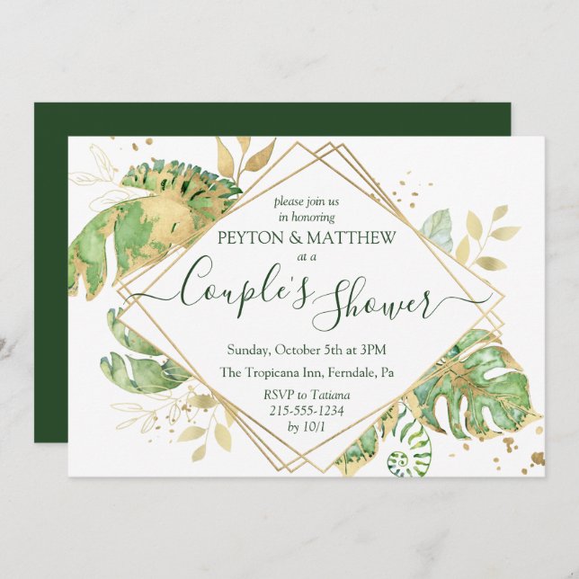 Invitación Foliage tropical y ducha de pareja de elegancia do (Anverso / Reverso)