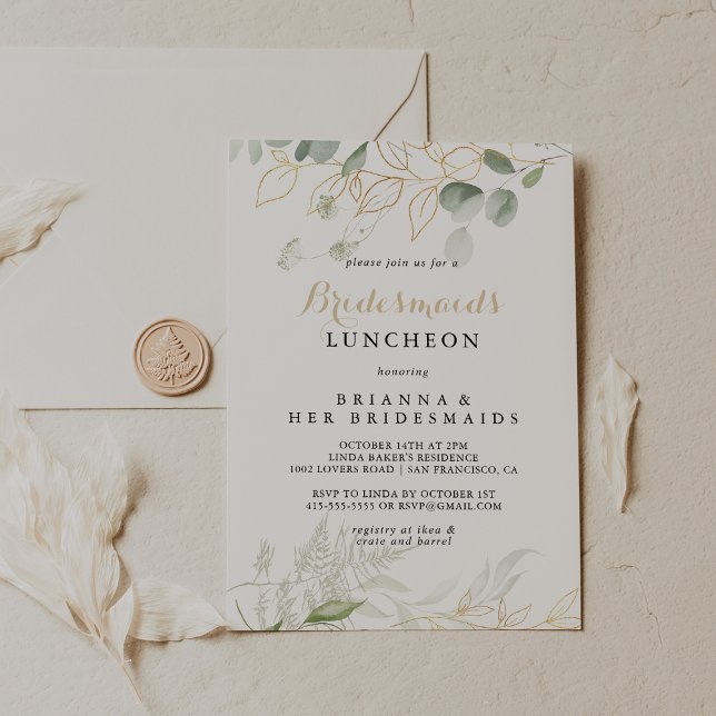 Invitación Foliage verde dorado Bridesmaids Ducha de almuerzo (Subido por el creador)