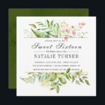 Invitación Foliage verde floral salvaje dulce dieciséis Fiest<br><div class="desc">Una hermosa tarjeta de invitación dulce dieciséis de fiesta con color de agua,  follaje verde salvaje con flores rosas. Para una personalización más avanzada de este diseño,  haga clic en el botón "Personalizar" de arriba. También están disponibles los elementos coincidentes.</div>