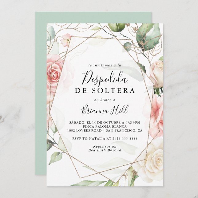 Invitación Foliage verde oro geométrico ducha de novia españo (Anverso / Reverso)