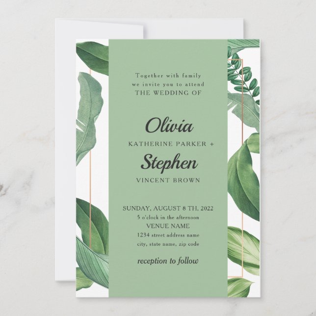 Invitación Foliage verde tropical. Boda botánica elegante (Anverso)