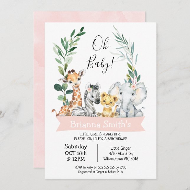 Invitación Foliage Wreath Chicas Safari Animales Baby Shower (Anverso / Reverso)