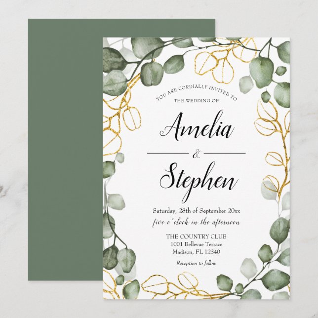 Invitación Foliage Wreath Eucalyptus Boda (Anverso / Reverso)