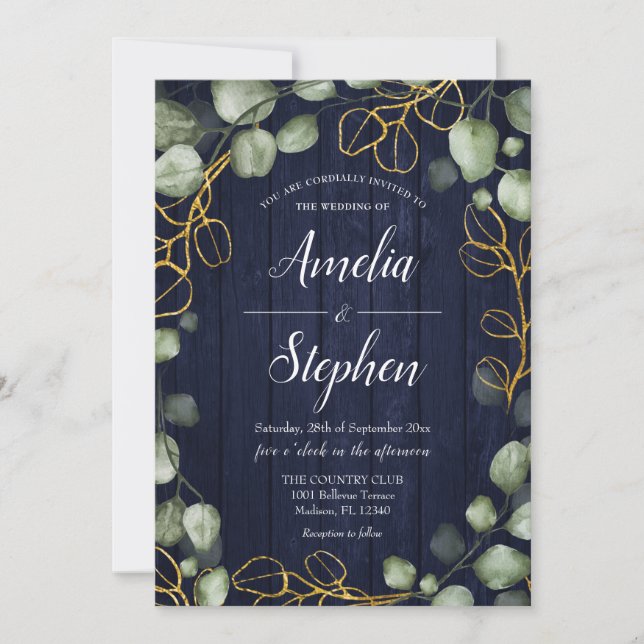 Invitación Foliage Wreath Eucalyptus Naval Boda (Anverso)