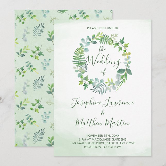 Invitación Foliage Wreath Watercolor Greenera Boda (Anverso / Reverso)