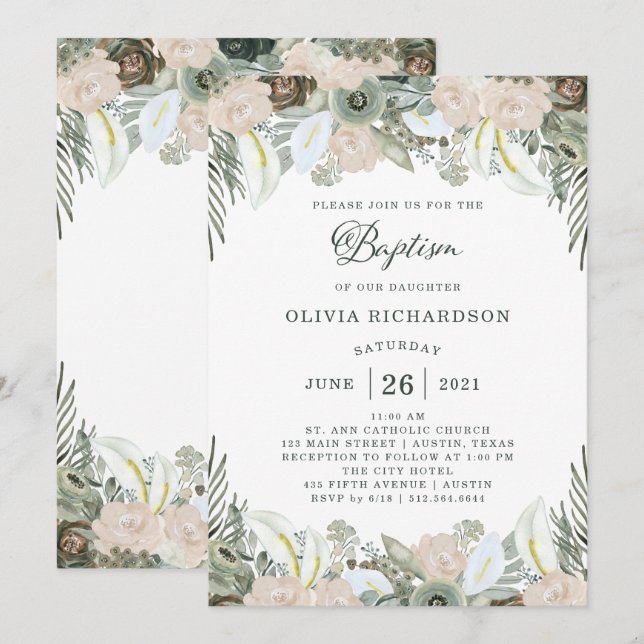 Invitación Foliage y Floral | Bautismo verde sabio (Anverso / Reverso)