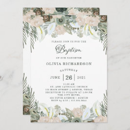 Invitación Foliage y Floral | Bautismo verde sabio