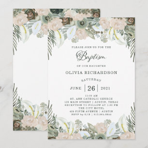 Invitación Foliage y Floral  Bautismo verde sabio