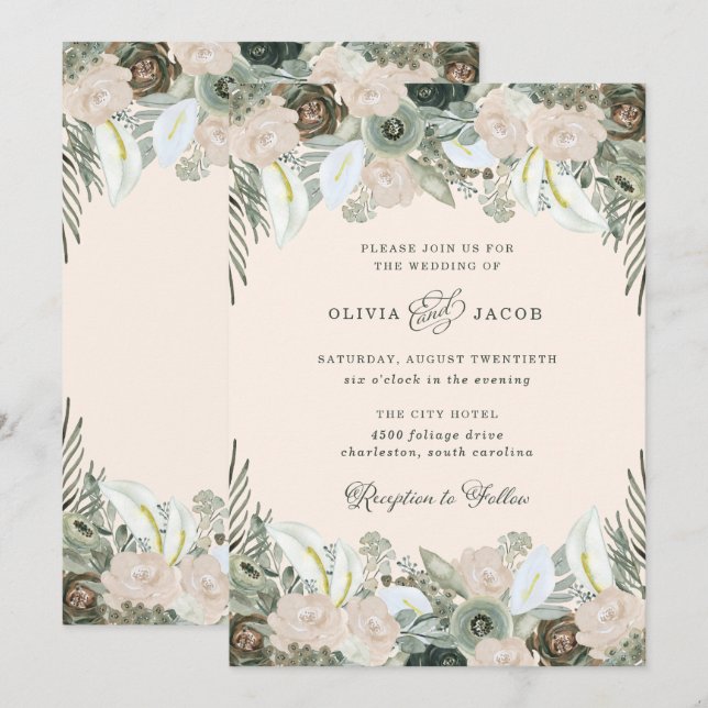 Invitación Foliage y Floral | Boda Rosa Rubor (Anverso / Reverso)