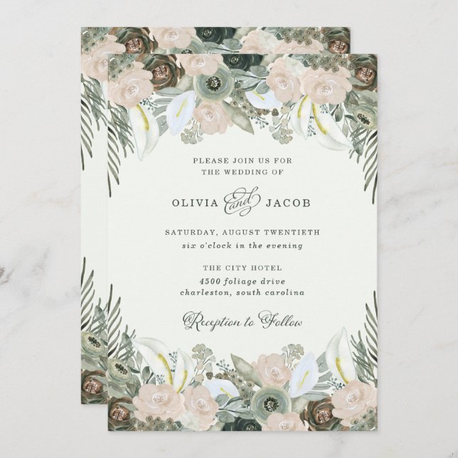 Invitación Foliage y Floral| Boda verde claro (Anverso / Reverso)