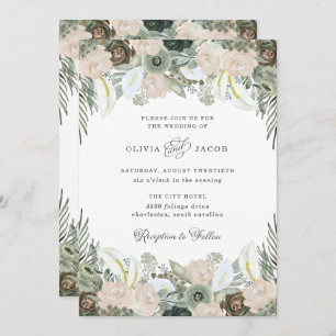 Invitación Foliage y Floral Boda verde sabio