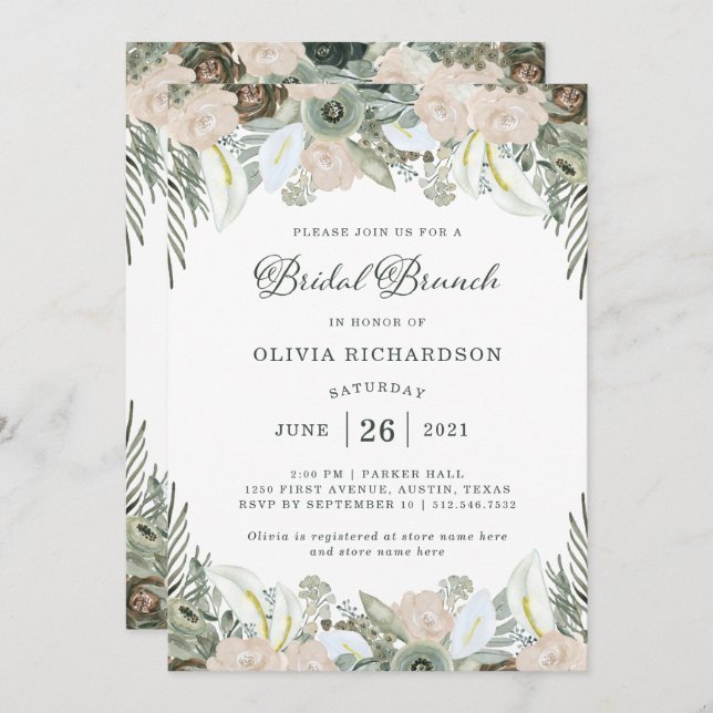 Invitación Foliage y Floral| Brunéi verde de novia sabio (Anverso / Reverso)
