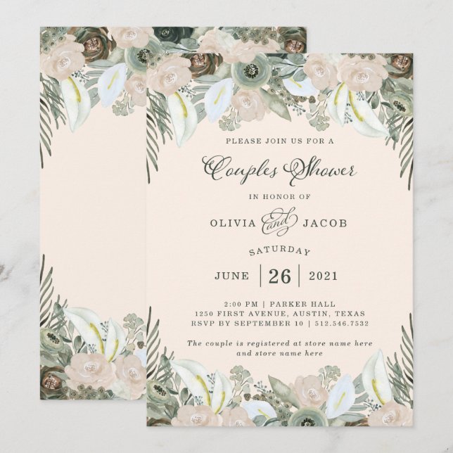 Invitación Foliage y Floral | Ducha Rubor Pink Couples (Anverso / Reverso)