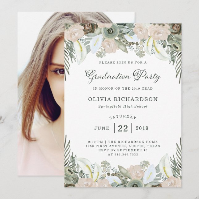 Invitación Foliage y Floral | Foto de Sage Green Grad Fiesta (Anverso / Reverso)