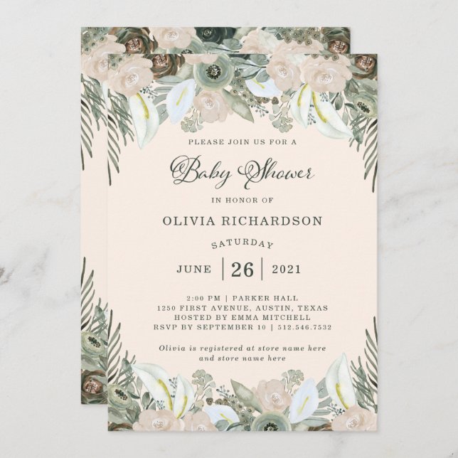 Invitación Foliage y Floral | Rubor Pink Baby Shower (Anverso / Reverso)