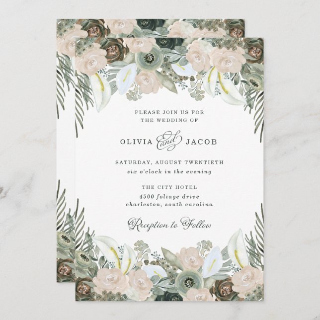 Invitación Foliage y Floral | Sage Green Boda (Anverso / Reverso)