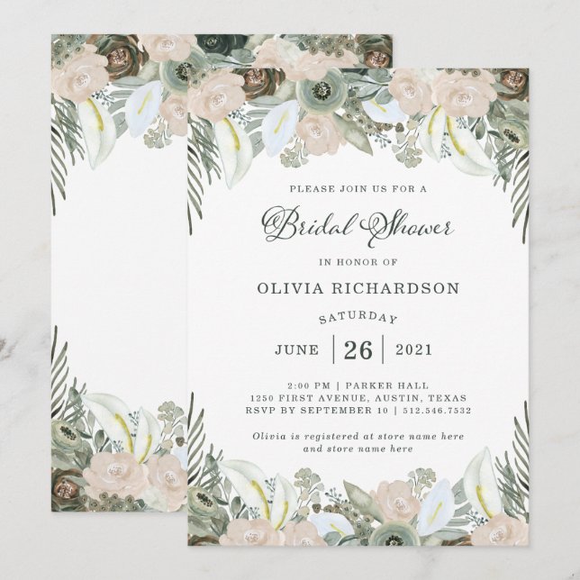 Invitación Foliage y Floral | Sage Green Bridal Shower (Anverso / Reverso)