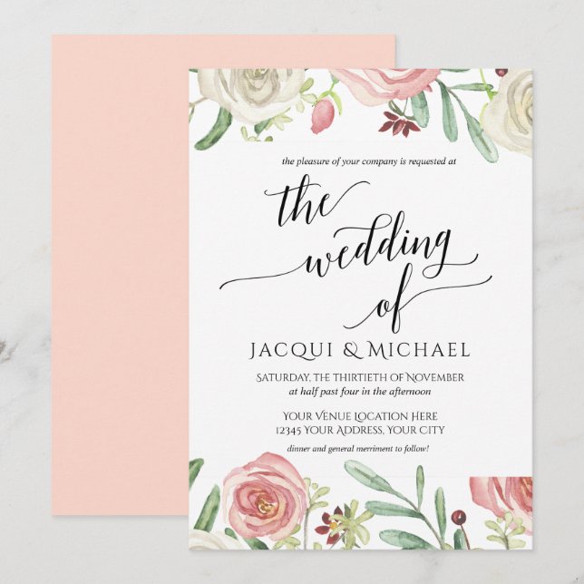 Invitación Foliage y Rubor Floral Boda Rosas Foliage (Anverso / Reverso)