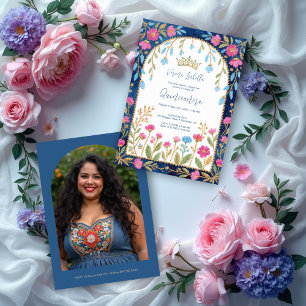 Invitación Folk Art Blue Shades Spanish Mexican XVs Floral