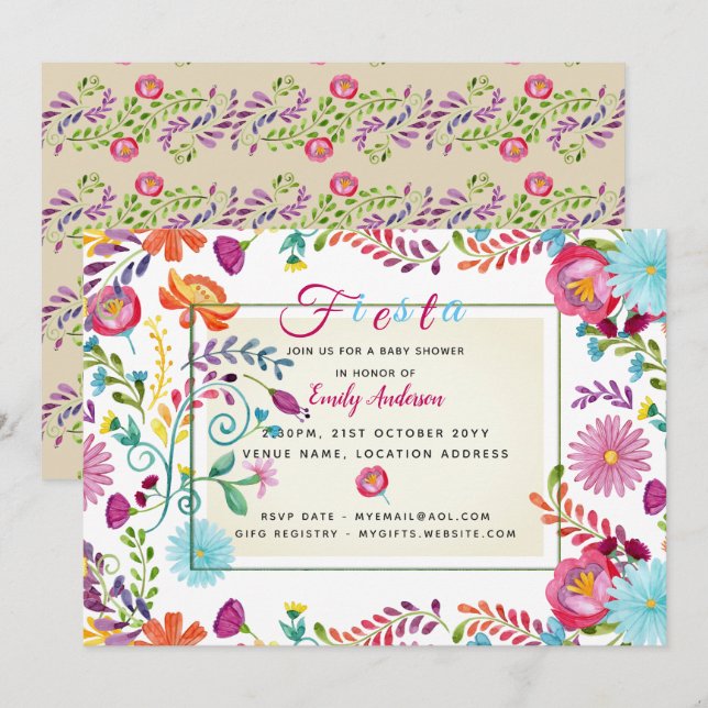 Invitación Folkart Fiesta Baby Shower invita a la acuarela (Anverso / Reverso)