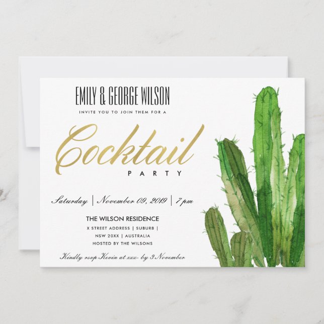 INVITACIÓN FOLLAGE DE CACTUS DEL DESIERTO COCTEL A LA ACUAREL (Anverso)