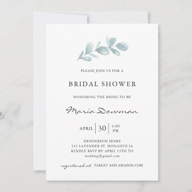 Invitación Follaje aireado Eucalyptus Elegante Bridal Shower  (Anverso)