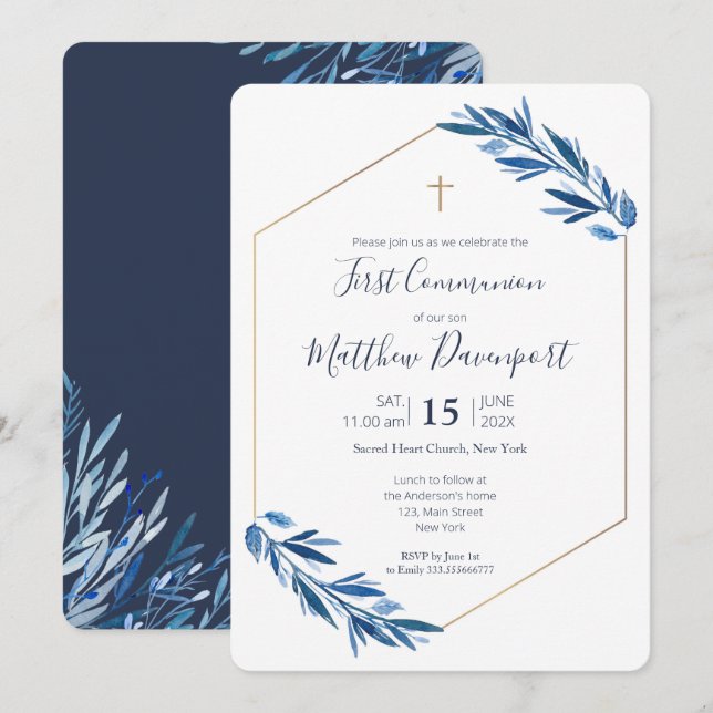Invitación Follaje azul de la primera comunión (Anverso / Reverso)