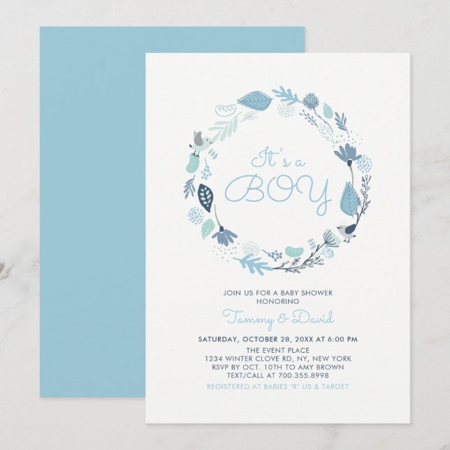 Invitación Follaje Azul | Fiesta de Bebé de Parejas Lindas (Anverso / Reverso)
