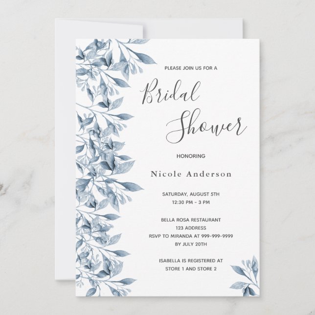 Invitación Follaje botánico azul Bridal Shower (Anverso)