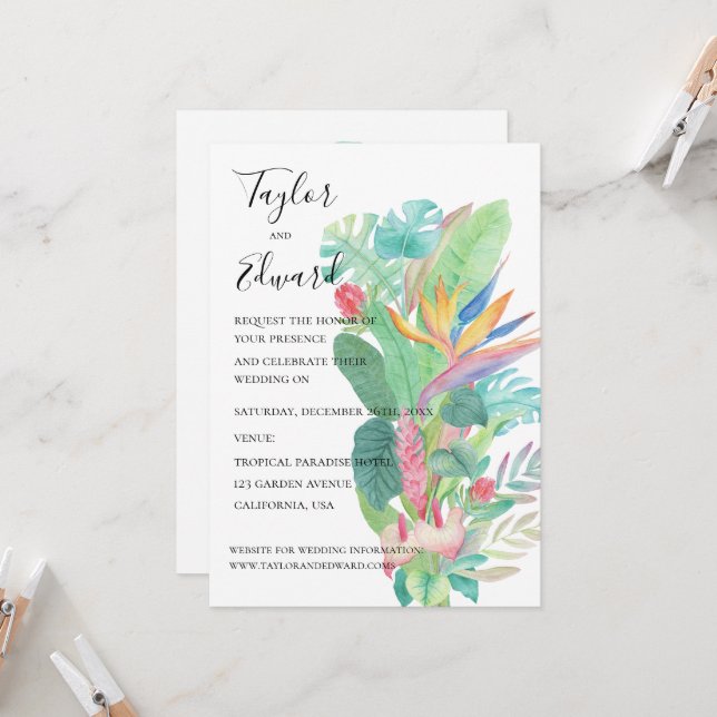 Invitación Follaje botánico exótico acuarela tropical (Anverso/Reverso In Situ)