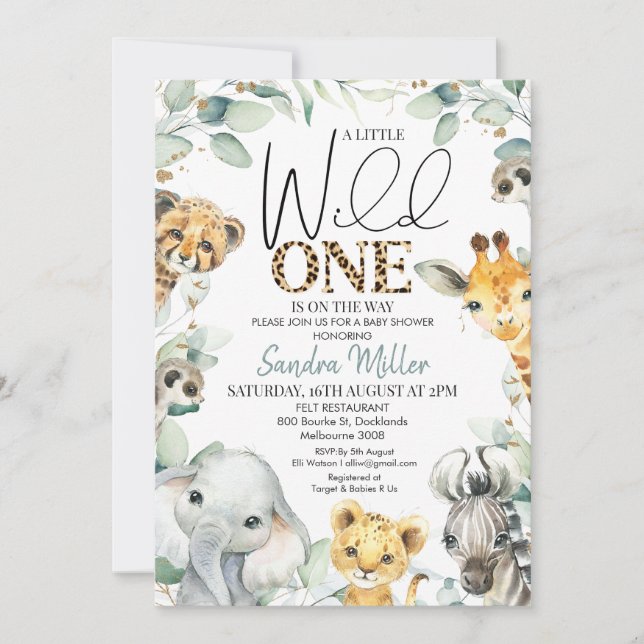Invitación Follaje Cheetah Print Safari Wild One Baby Shower (Anverso)