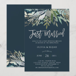 Invitación Follaje Chic | Acaba de Casar Azul Oscuro