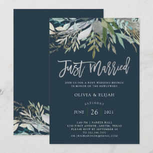 Invitación Follaje Chic   Acaba de Casar Azul Oscuro