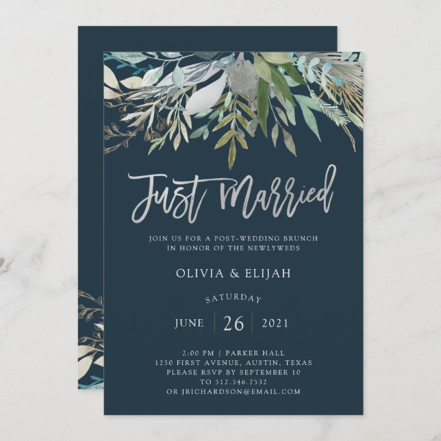 Invitación Follaje Chic | Azul Oscuro Recién Casados (Anverso / Reverso)
