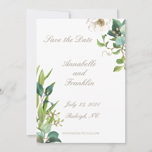 Invitación Follaje de Acuarela Aviso de Boda para Guardar la  (Anverso)
