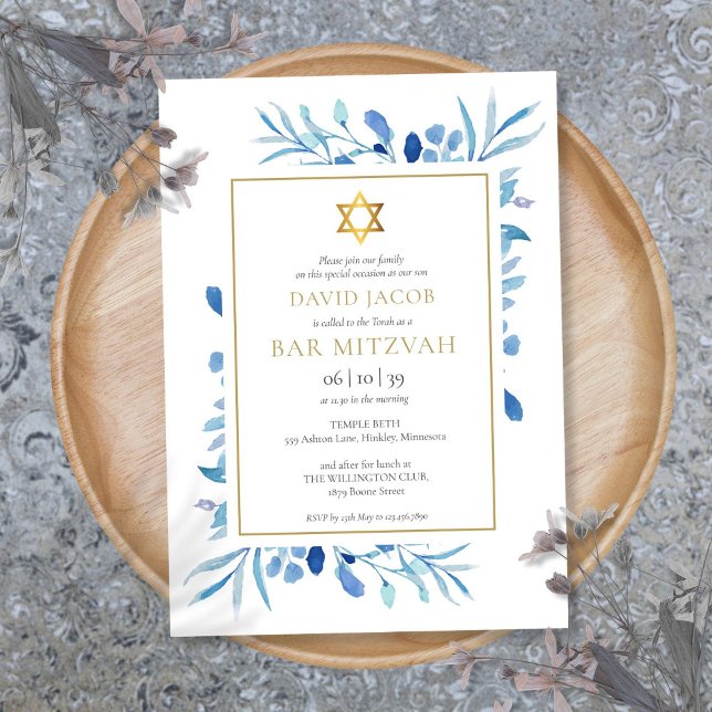 Invitación Follaje de Acuarela Azul Bar Mitzvah Bat Mitzvah (Blue Watercolor Foliage Bar Mitzvah Bat Mitzvah Invitation)