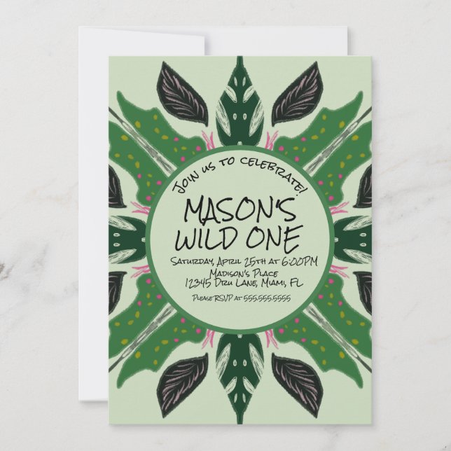 Invitación Follaje de la selva dibujado a mano Fiesta del zoo (Anverso)