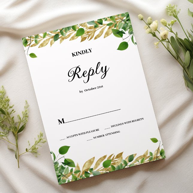 Invitación Follaje de oro de la vegetación botánica Boda RSVP (Botanical greenery gold foliage Wedding RSVP)