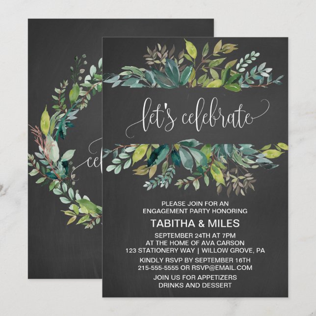 Invitación Follaje de Pizarra Celebremos Fiesta de Compromiso (Anverso / Reverso)