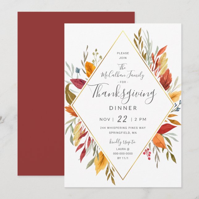Invitación Follaje del otoño de la acuarela de la cena de la (Anverso / Reverso)