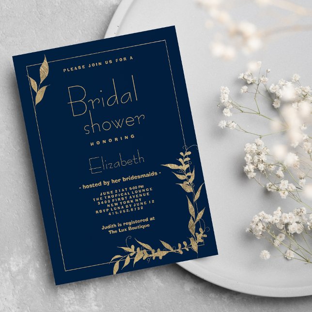 Invitación Follaje dorado azul marino de lujo Bridal Shower (Luxury navy blue gold foliage Bridal Shower )