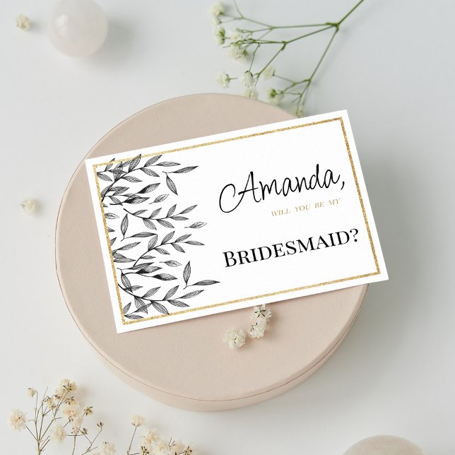 Invitación Follaje floral de oro blanco negro simple Bridesma (Simple black white gold floral foliage Bridesmaid )